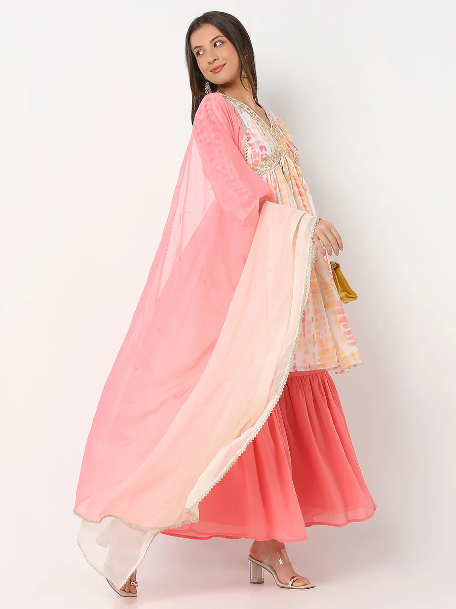 Flare Fit Printed Three-Fourth Sleeve Kurta and Sharara with Dupatta set online