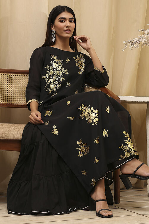 Black Poly Chanderi Layered Tiered Dress Online