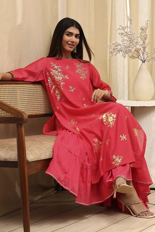 Pink Poly Chanderi Layered Tiered Dress Online