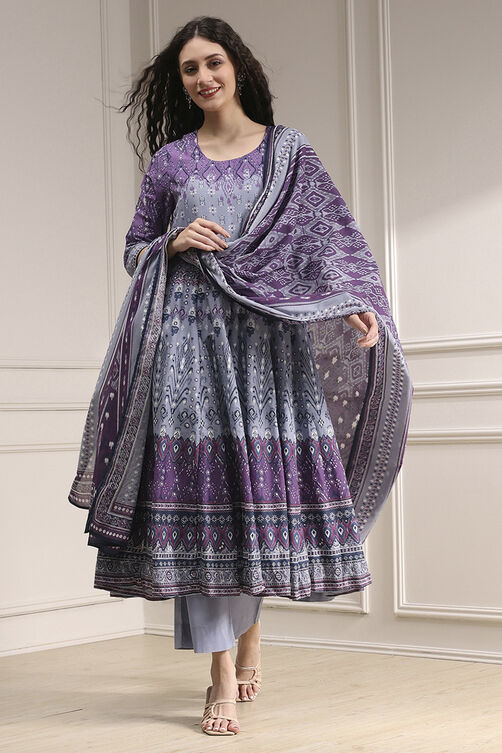Lilac Cotton Printed Anarkali Suit Set Online