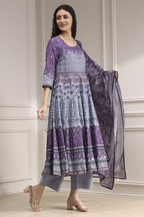 Lilac Cotton Printed Anarkali Suit Set Online