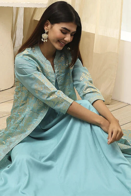 Turquoise Printed Layered Cape Dress Online