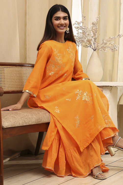 Orange Poly Chanderi Layered Tiered Dress Online