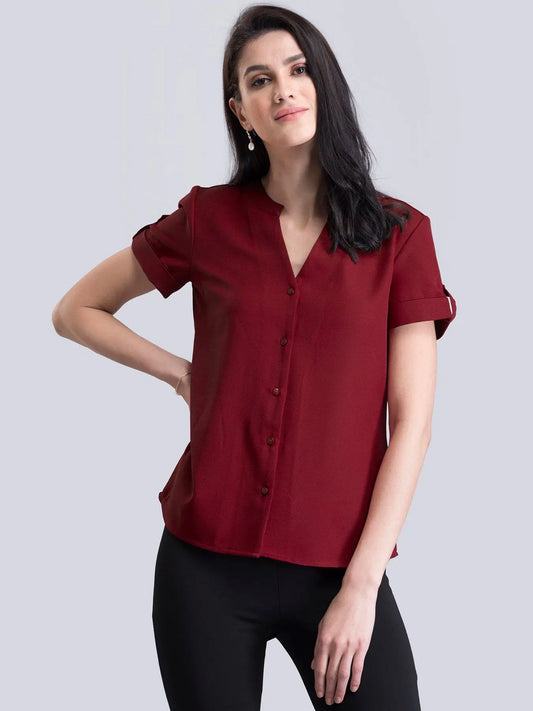 V Neck Short Sleeve Top - Red Online