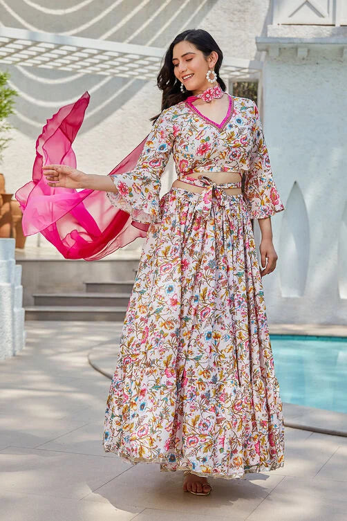 Off-White & Pink Floral Printed Flared Lehenga Set Online