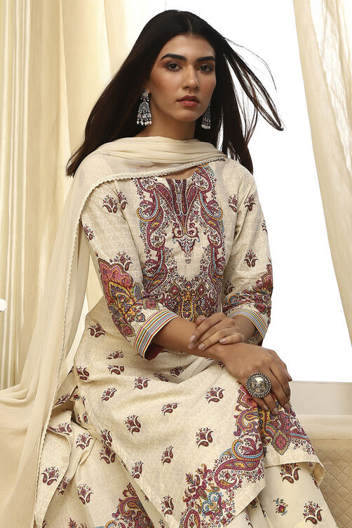 Beige Pure Cotton Printed Straight Suit Set