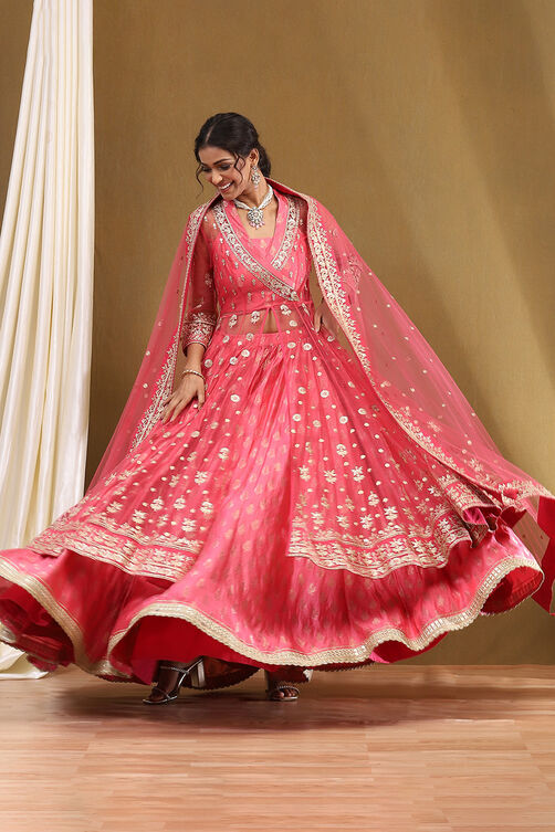 Coral-Pink Polyester Blend Anarkali Lehenga Set Online