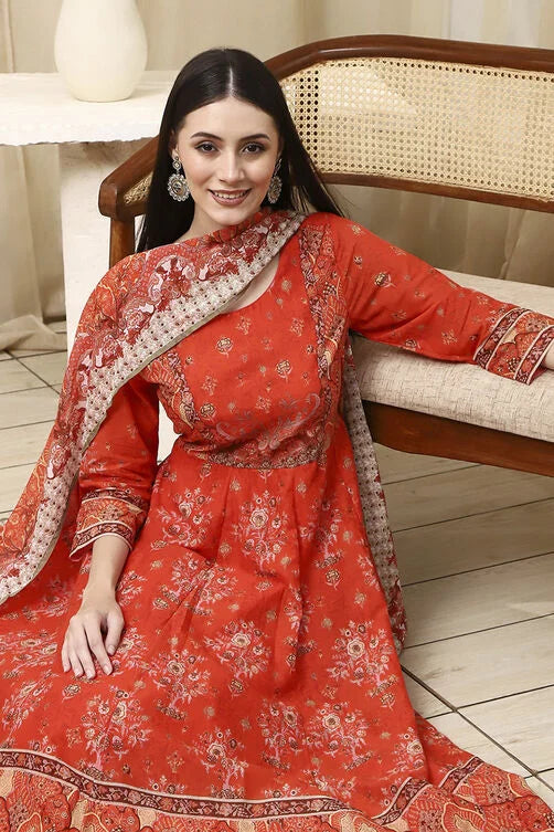 Orange Cotton Printed Anarkali Suit Set Online